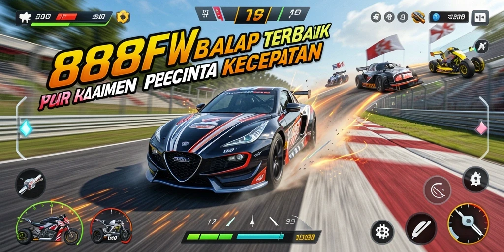 Tampilan utama gameplay balap di 888FW dengan mobil yang sedang melaju kencang.