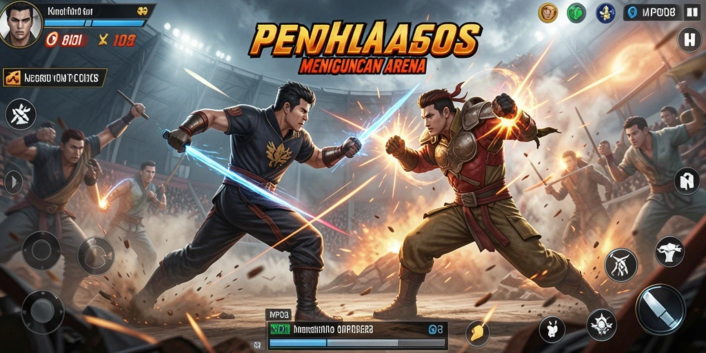 Screenshot MPO08 menampilkan aksi pertarungan yang mendebarkan dan karakter unik.
